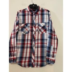 Burnside Button Down Shirt Plaid Native American Patch Mens Medium Unique